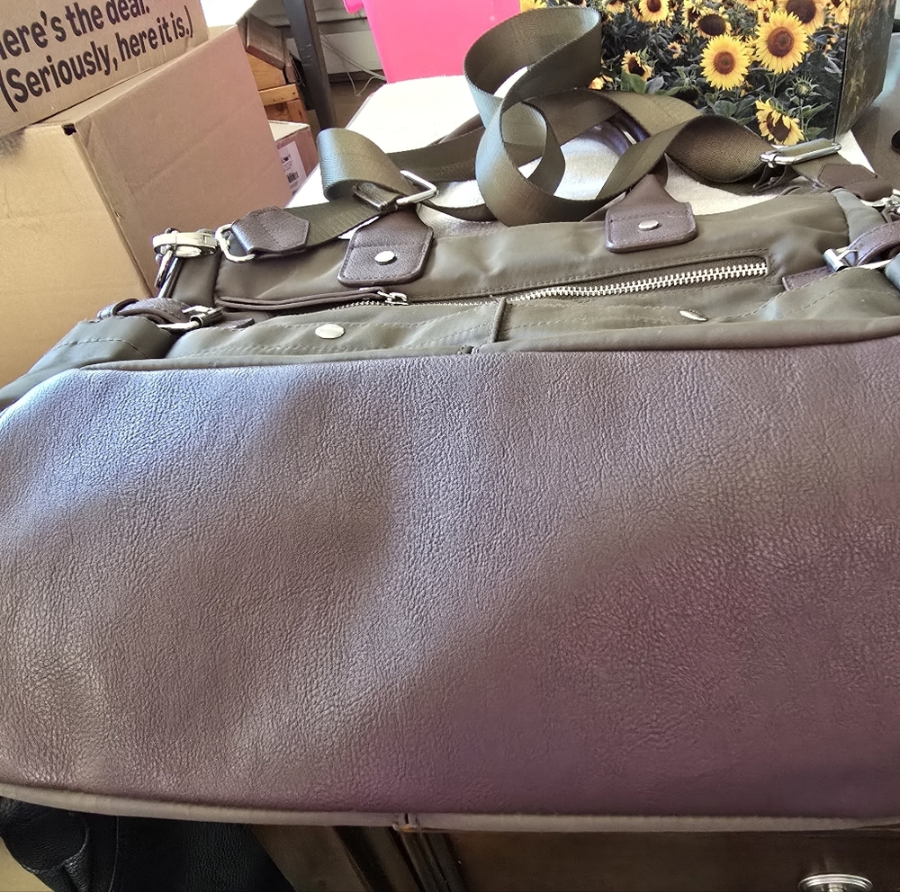 Like New Signature Brown and Green Fabric Tote With Shoulder Strap